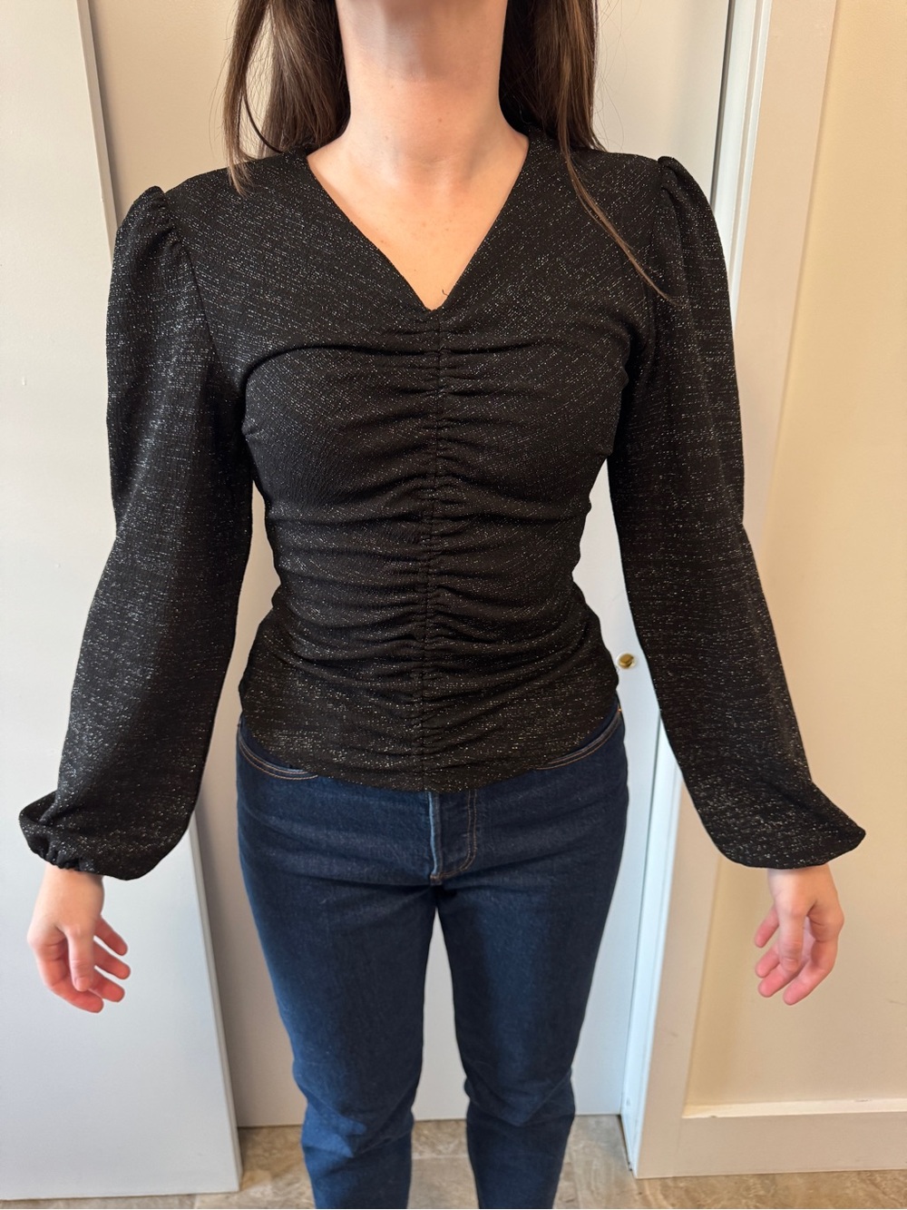 Saint Tropez West Black Shimmer Ruched V-Neck Blouse